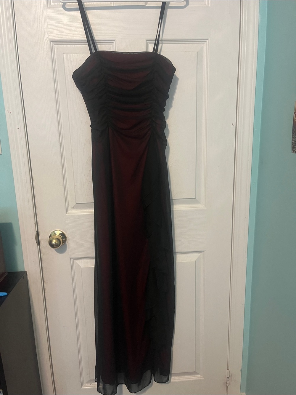 Ruched Burgundy Maxi Dress with Ruffle Detail